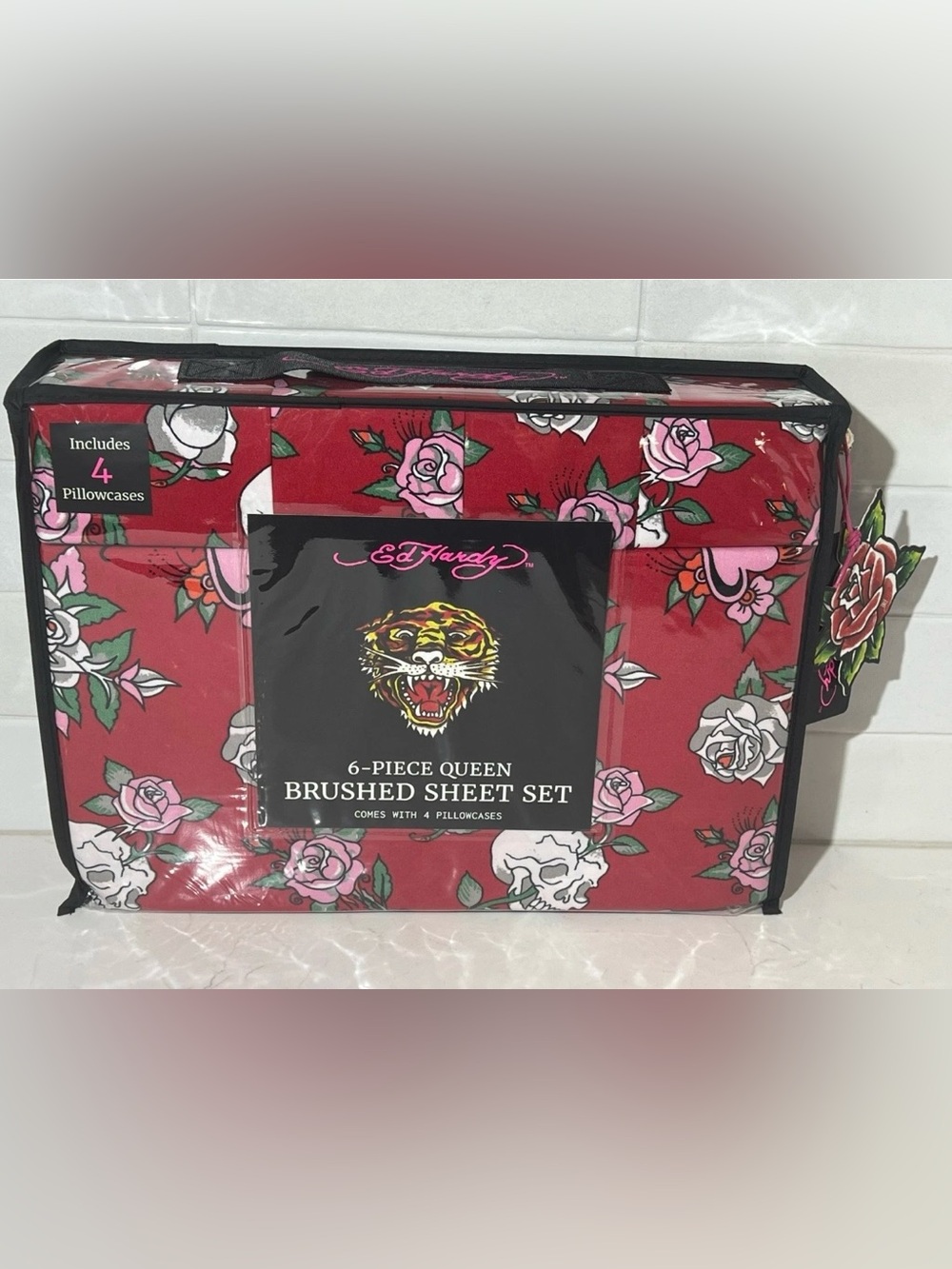 ED HARDY Queen Red Sheet Set 6pc New Pink Flowers Skull Roses Heart Grunge Y2K